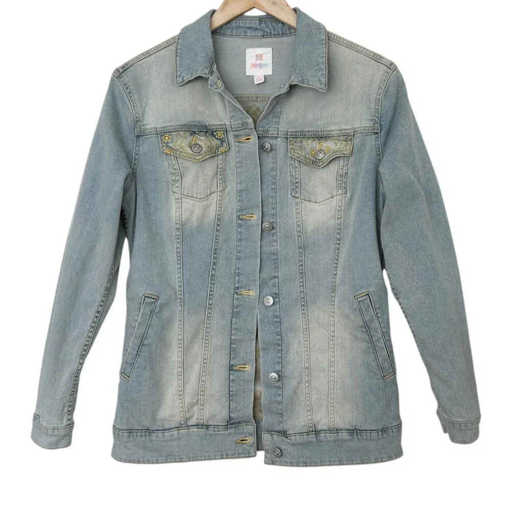 LuLaRoe Jaxon Light Wash Embroidered Denim Jacket (S)